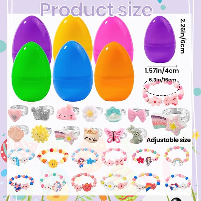 12 Pack Prefilled Easter Eggs with 24pcs Bracelets Rings Easter Basket Stuffers Easter Egg Fillers for Girls Party Favors Kids Toddler Easter Gifts
