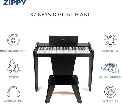 ZIPPY Kids Piano Keyboard, 37 Keys Digital Piano for Kids, Music Educational Instrument Toy, Wood Piano for 3+ Girls and Boys, Black Basic