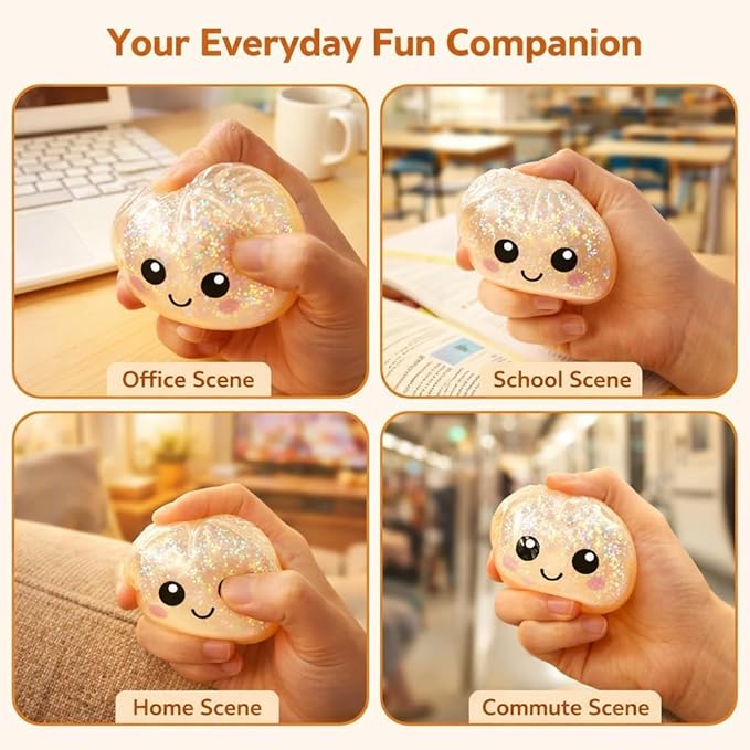 Glitter Dumpling Squishy, 2026 New Bun Squeeze Stress Relief Ball with Steamer Box for Stress Relief, More Surprises (White)