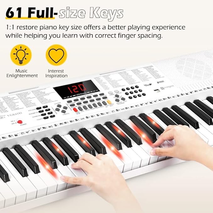 Vangoa Keyboard Piano 61 Key, Full Size Electric Piano Keyboard Light UP Keys with 3 Teaching Modes, Learning Music Keyboard Piano with Stand Headphones for Beginners, VGK6101 White