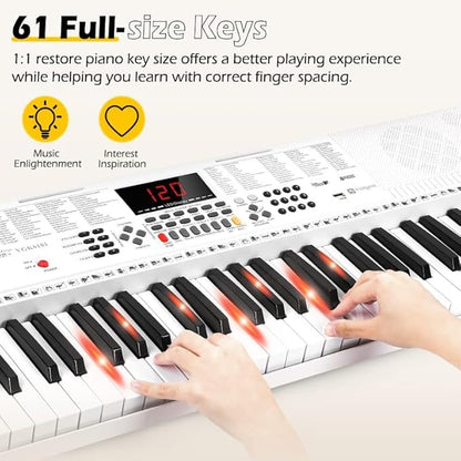 Vangoa Keyboard Piano 61 Key, Full Size Electric Piano Keyboard Light UP Keys with 3 Teaching Modes, Learning Music Keyboard Piano with Stand Headphones for Beginners, VGK6101 White
