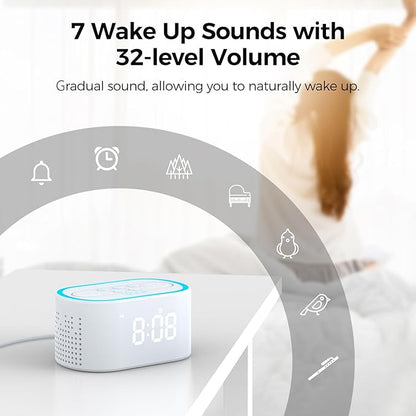 Reacher Digital Alarm Clock & White Noise Sound Machine, 21 Soothing Sounds, 7 Wake Up Sounds, 8 Night Lights, 9 Sleep Timer, 32-Level Volume, Memory Function for Bedside, Bedroom, Teens, Kids, White