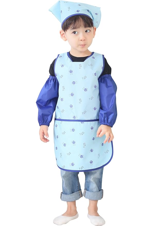 Children Waterproof Artist Painting Aprons or Art Smock 3PCS Set Blue Bear (36-M)