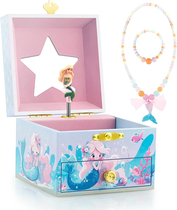 RR ROUND RICH DESIGN Kids Musical Jewelry Box for Girls Include Drawer and Pretty Jewelry Set with Cute Mermaid Theme - Beautiful Dream Tune Blue