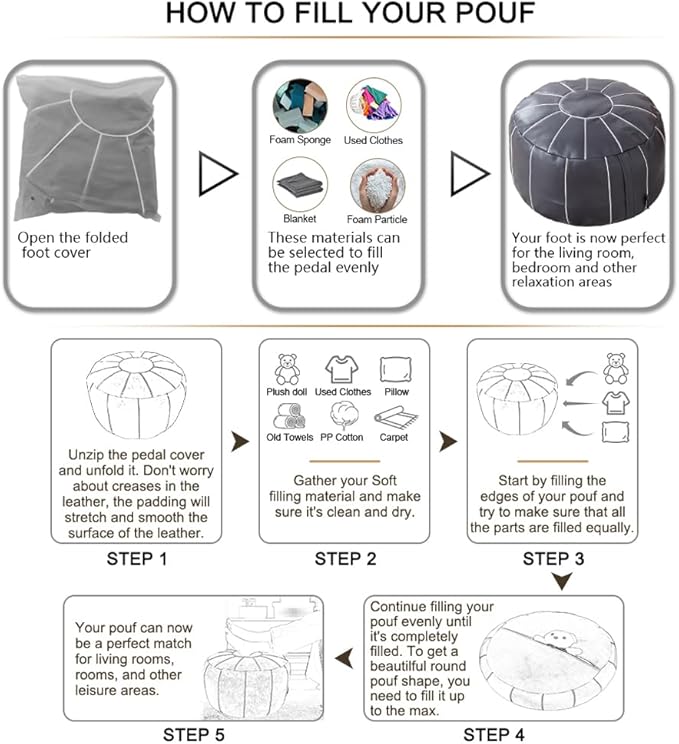 Louis Donné 21 Inch Unstuffed Moroccan Pouf Ottoman Cover, Handmade Faux Leather Foot Stool, Round Storage Poof Cover, Exotic Décor for Living Room Bedroom or Wedding Gifts (Light Gray)