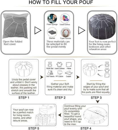 Louis Donné 21 Inch Unstuffed Moroccan Pouf Ottoman Cover, Handmade Faux Leather Foot Stool, Round Storage Poof Cover, Exotic Décor for Living Room Bedroom or Wedding Gifts (Light Gray)