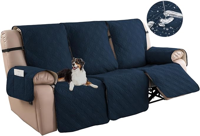 Easehomey Waterproof Recliner Sofa Cover,Non-Slip Reclining Sofa Covers for 3 Seat,Washable Reclining Sofa Cover Furniture Protector with Elastic Straps Pocket for Kids, Pets(Dark Blue,3Seat)