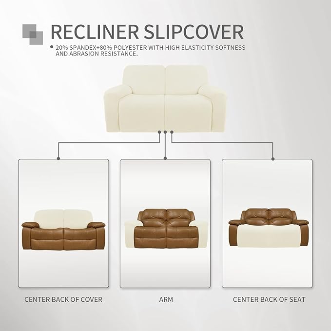 Easy-Going 6 Pieces Microfiber Stretch Sectional Recliner Sofa Slipcover Soft Fitted Fleece 2 Seats Couch Cover Washable Furniture Protector with Elasticity for Kids (Recliner Loveseat, Ivory)