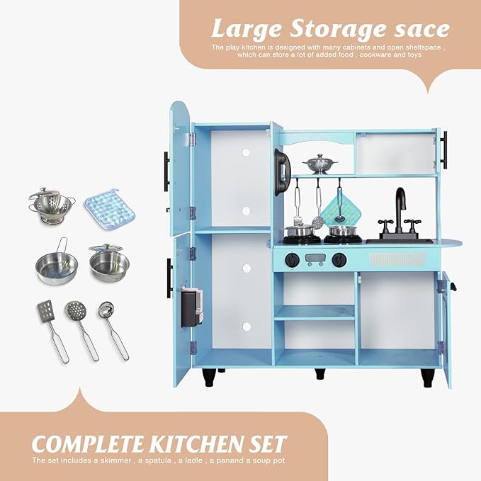 TaoHFE Toy Kitchen, Blue Kids Kitchen Playset for Kids Ages 4-8 Boys Gift Girls Play Kitchen Sets for Kids Kitchen Playset with Lights and Sounds Wooden Toy Kitchen Playset Gift Kids Kitchen Set