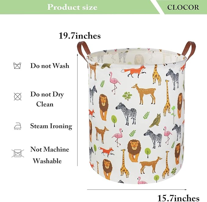 CLOCOR Kids Laundry Basket,Nursery Baby Hamper,Toy Storage Bin with handles for Boys and Girls,Safari Room Decor,Waterproof Storage Basket(Jungle Animals)