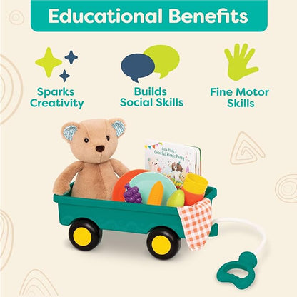 B. Toys- Happyhues - Cara-Mellow Bear Playset- Plush Bear with Picnic Play Set-Board Book – Wagon & Play Food – 18 Months +