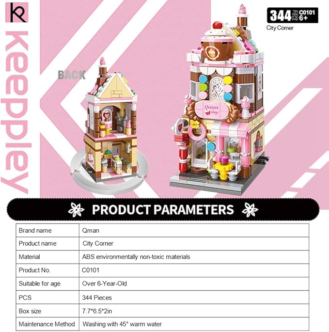 QMAN Girls Building Blocks Toy Dream Dessert House Building Kit Street-View Construction Educational Toy for Girls Age 6-12 and Up (344 Piece)