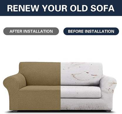 2025 New Stretch Oversized Sofa Slipcovers Couch Sofa Cover for 4 Seater Furniture Protector Covers with Elastic Bottom Jacquard Fabric Small Checks for Pets, Kids - Tan