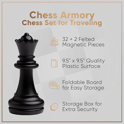 Chess Armory Magnetic 9.5 Inches Travel Chess Set - Folding Board with Storage Box & 2 Extra Queen.