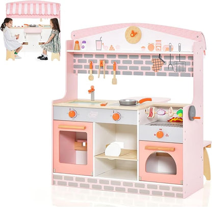 HONEY JOY Kids Kitchen Playset, 3-in-1 Double Side Wooden Little Chef Pretend Play Toy Kitchen Set for Toddlers & Barbecue Grill Set & Restaurant, Retractable Seat & Canopy, Gift for Boys Girls, Pink