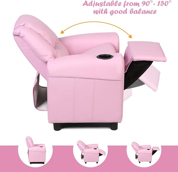 Costzon Kids Recliner Chair with Cup Holder, Toddler Room Furniture Children Armrest Sofa w/Headrest & Footrest for Girls Boys Baby Bedroom, PU Leather Couch (Pink)