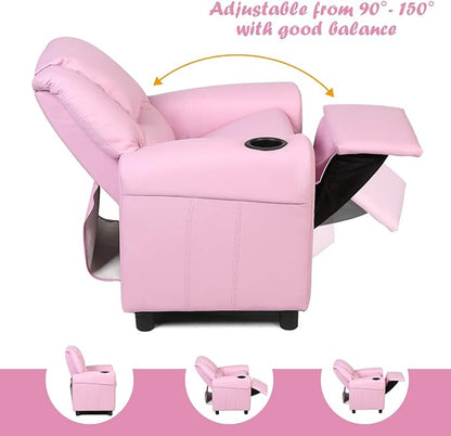 Costzon Kids Recliner Chair with Cup Holder, Toddler Room Furniture Children Armrest Sofa w/Headrest & Footrest for Girls Boys Baby Bedroom, PU Leather Couch (Pink)
