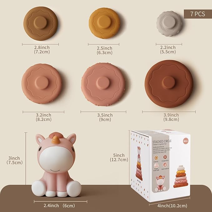 Nueplay 7 Pcs Stacking & Nesting Baby Toys, Squeeze Teething Baby Toys and Building Circle with Pink Horse Figure, Newborn Essentials for 6 12 18 Months Baby Toddler Girls