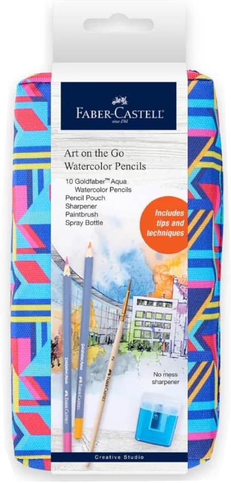Faber-Castell Art on The Go Watercolor Pencils Set - Travel Watercolor Kit with 10 Goldfaber Watercolor Pencils, Pencil Pouch, No Mess Sharpener and Art Accessories