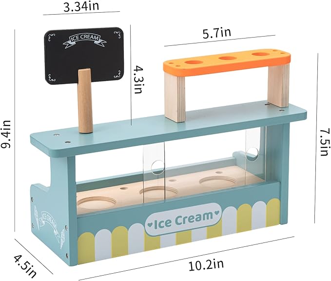 Ice Cream Shop Pretend Toy, Wooden Ice Cream Cones and Popsicle Counter Play Set for Kids Play Kitchen, Ice Cream Cart Toys for Toddlers, Fun Creative Ice Cream Pretend Play