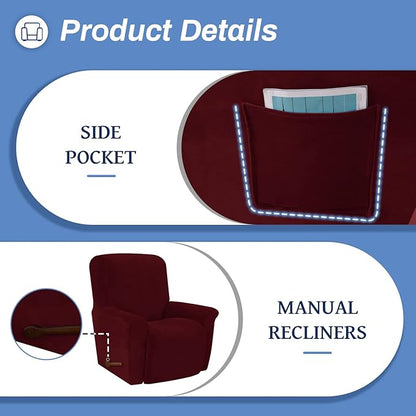 WEERRW Velvet High Stretch Recliner Chair Cover 1 Piece Recliner Couch Cover, Washable Furniture Protector with Non Slip Elastic Bottom for Kids and Pets, Burgundy