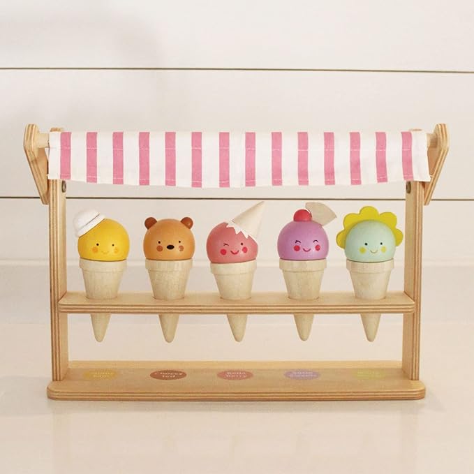 Tender Leaf Toys - Scoops and Smiles - Ice Cream Toy Shop with 5 Solid Wood Pretend Play Set for Kids, Play Food and Accessories, Encourage Role Play and Develops Social Skills - Age 3+