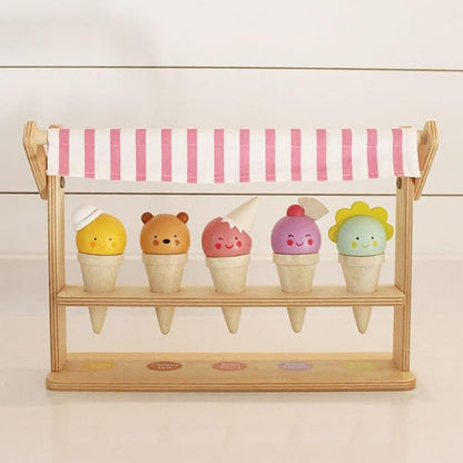 Tender Leaf Toys - Scoops and Smiles - Ice Cream Toy Shop with 5 Solid Wood Pretend Play Set for Kids, Play Food and Accessories, Encourage Role Play and Develops Social Skills - Age 3+