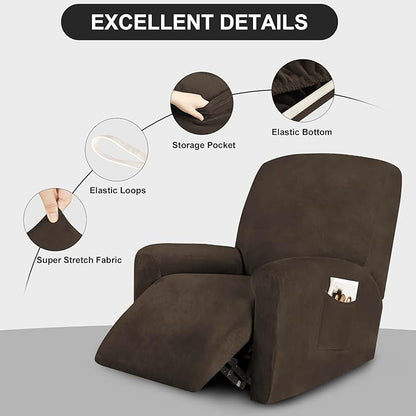 FestiCorp Recliner Chair Covers Real Velvet 4-Pieces Recliner Covers for Small Lazy Boy Recliner Chair Stretch Recliner Sofa Slipcovers Furniture Protector with Side Pocket & Elastic Bottom, Brown