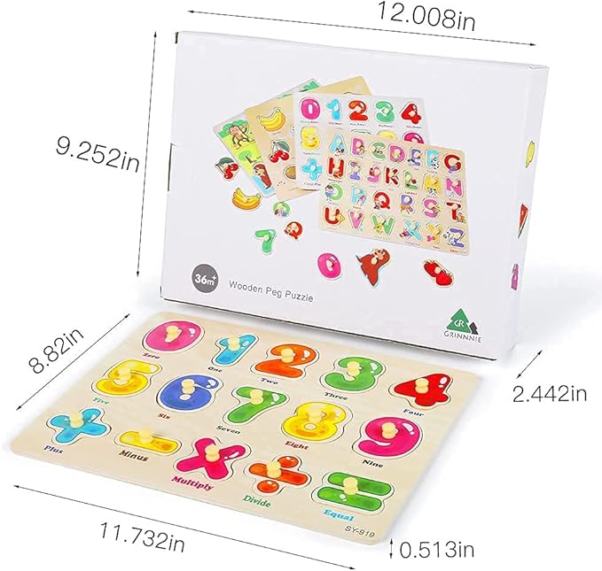 GRINNNIE Wooden Peg Puzzle for Toddlers 3 4 5 Years Old, 4 PCS Montessori Educational Learning Puzzles Set-Numbers, Letters, Animals and Fruits, Great Preschool Gifts for Girls and Boys (Pack of 2)