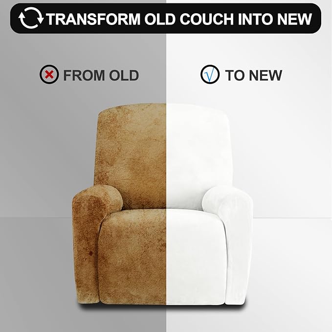 Festicorp Recliner Chair Covers Real Velvet 4-Pieces Recliner Covers for Small Lazy Boy Recliner Chair Stretch Recliner Sofa Slipcovers Furniture Protector with Side Pocket & Elastic Bottom, Off White