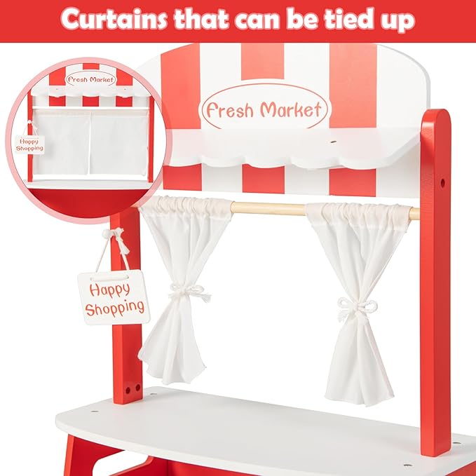 INFANS Grocery Store Marketplace Toy for Kids, Wooden Market Stand Pretend Play Set with 36 Cutting Vegetables Fruits Pieces, Role Food Shop Playset Gift for Boys Girls Ages 3+