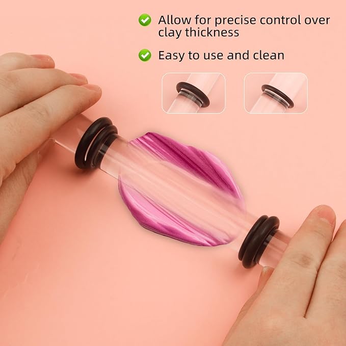 2PCS Polymer Clay Roller Set with 8 Thickness Rings, Adjustable Acrylic Clay Rolling Pin & 2 Scrapers, Professional Clay Art Craft DIY Tool Kit for Shaping, Sculpting and Modeling, Clear