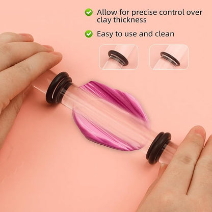 2PCS Polymer Clay Roller Set with 8 Thickness Rings, Adjustable Acrylic Clay Rolling Pin & 2 Scrapers, Professional Clay Art Craft DIY Tool Kit for Shaping, Sculpting and Modeling, Clear