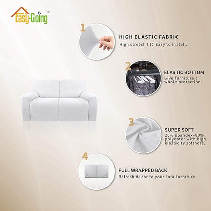 Easy-Going 6 Pieces Microfiber Stretch Sectional Recliner Sofa Slipcover Soft Fitted Fleece 2 Seats Couch Cover Washable Furniture Protector with Elasticity for Kids(Recliner Loveseat, Snow White)