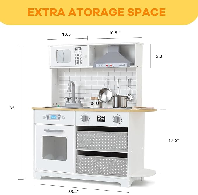 Modern Play Kitchen for Kids,33.4''Toddler Play Kitchen with Toy Storage System,Wooden Kids Play Kitchen Set with Play Features,Kids Pretend Play Kitchen with Cookware Accessories for Ages 3+(White)