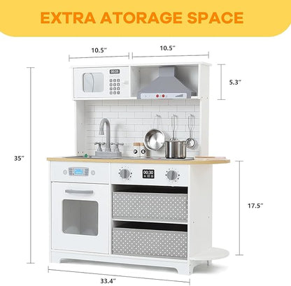 Modern Play Kitchen for Kids,33.4''Toddler Play Kitchen with Toy Storage System,Wooden Kids Play Kitchen Set with Play Features,Kids Pretend Play Kitchen with Cookware Accessories for Ages 3+(White)