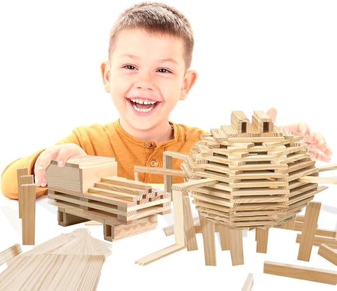 3 Bees & Me Wooden Building Toys - STEM Toys for Boys and Girls - 100 Wood Plank Pieces