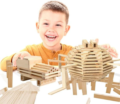3 Bees & Me Wooden Building Toys - STEM Toys for Boys and Girls - 100 Wood Plank Pieces
