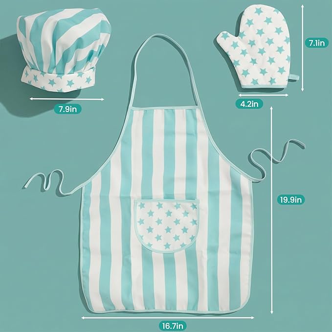 Kid Apron and Chef Hat Set, 3 Pcs Children Cooking Baking Set Kits Role Play Chef Toy Kid Cooking Gift for Girls Boys (Blue)