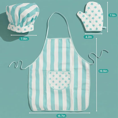 Kid Apron and Chef Hat Set, 3 Pcs Children Cooking Baking Set Kits Role Play Chef Toy Kid Cooking Gift for Girls Boys (Blue)