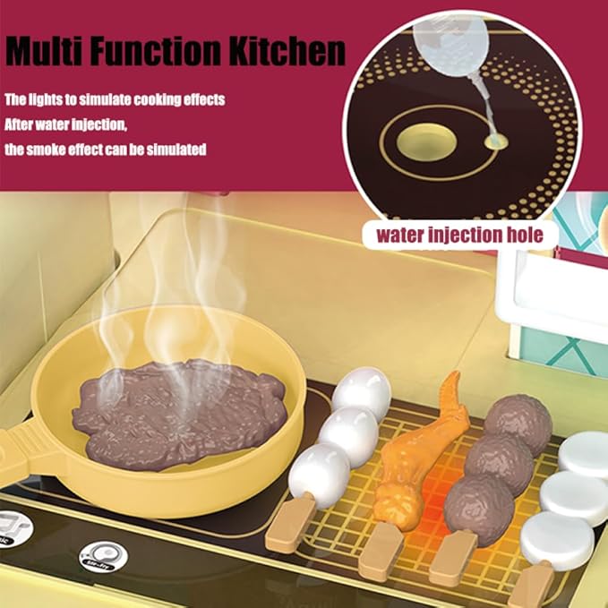 Kitchen Playset, 3 in 1 Kitchen Pretend Play, 68 PCS Realistic Cooking Accessories, Sounds, Lightnd, Running Water，Ideal Gift for Boys and Girls