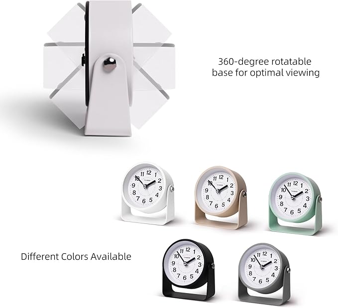 Analog Alarm Clock, Silent Non-Ticking Quartz Movement, Battery-Operated with Snooze & On-Demand Light, Easy to Set Gentle Wake Bedside Desk Clock, Ideal for Home, Travel, Office (White)