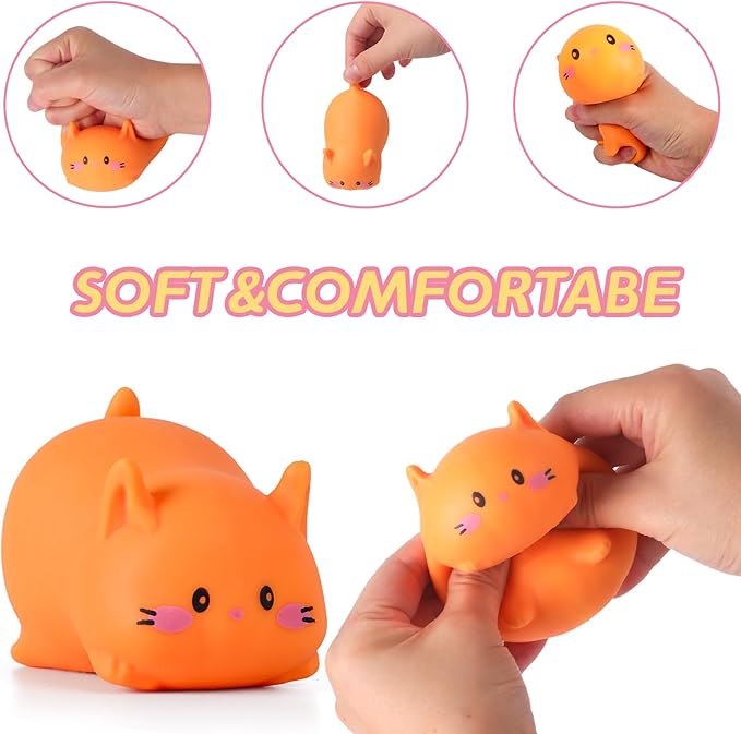 Cat Stress Balls Squishy Toys for Adults and Kids, Cat Squishy Squeeze Toys (Orange), Dough Ball Animal Squishy Stress Relief Fidget Sensory Toys, Kawaii Squishies for Party Favors, Easter, Birthday