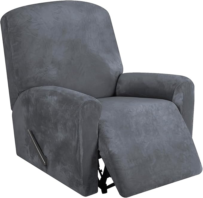 FestiCorp Recliner Chair Covers Real Velvet 4-Pieces Recliner Covers for Small Lazy Boy Recliner Chair Stretch Recliner Sofa Slipcovers Furniture Protector with Side Pocket & Elastic Bottom, Grey