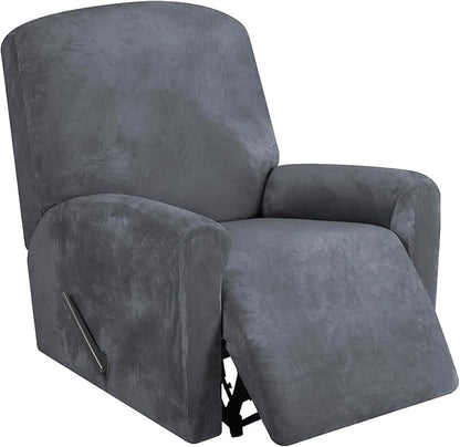 FestiCorp Recliner Chair Covers Real Velvet 4-Pieces Recliner Covers for Small Lazy Boy Recliner Chair Stretch Recliner Sofa Slipcovers Furniture Protector with Side Pocket & Elastic Bottom, Grey