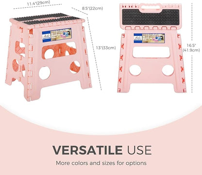 ACKO Folding Step Stool 13 Inch Stool Heavy Duty Plastic Foldable Step Stools for Kids, Stepping Stool with Handle, Folding Stool Suitable for Kitchen Hold Up to 300 LB (Sakura Pink 1PC)