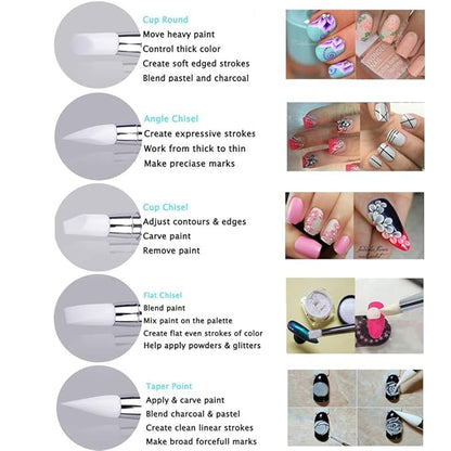 5pcs Nail Art Dotting Tools Pen Dual Head UV Gel Carving Pen Nail Silicone Brushes Set Pottery Clay Sculpting Modeling Painting Drawing Tool DIY Art Craft (Black)