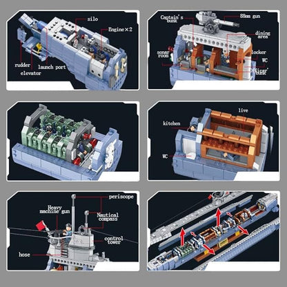 Submarine Ship Building Blocks Set, 6112 Pieces German VIIC U-552 Submarine Building Block Sets, WW2 Military U-Boat Submarine Toys, Ships Modular Buildings for Adults Teenager