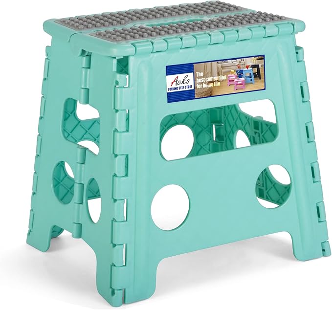 ACKO Folding Step Stool 13 Inch Stool Heavy Duty Plastic Foldable Step Stools for Kids, Stepping Stool with Handle, Folding Stool Suitable for Kitchen Hold Up to 300 LB (Teal 1PC)