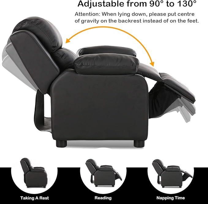 Costzon Kids Recliner, Leather Recliner Chair w/Footrest, Armrest Storage, Headrest & Lumbar Support, Ergonomic Lounge Chair for Living & Gaming Room, Adjustable Recliner Sofa for Boys Girls (Black)